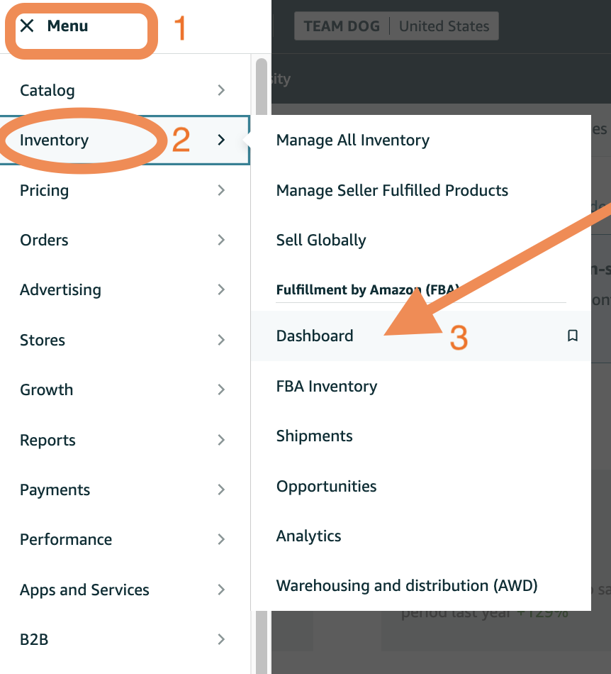 Screenshot showing how to navigate the FBA Dashboard: From the Hamburger menu, select the Inventory tab, then from the left-side dropdown, choose the Dashboard option.